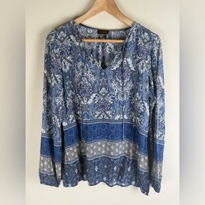 Crosby Women's Floral Long Sleeve V-Neck Tasseled Rayon Blue Blouse Size L BOHO